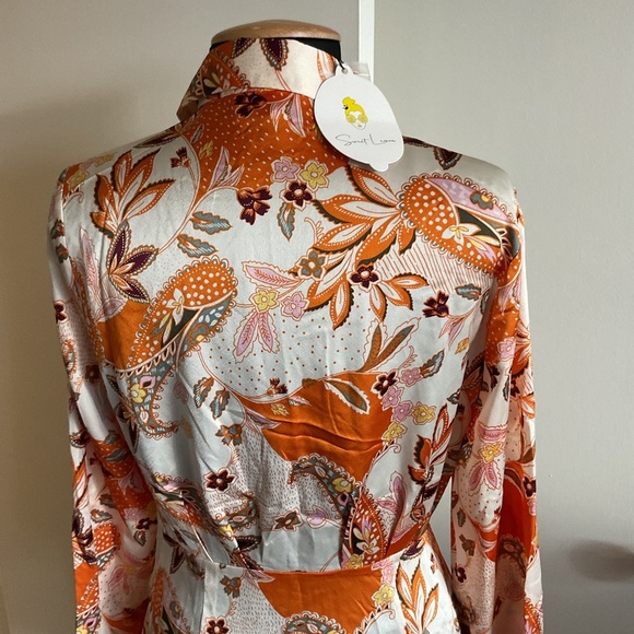 NWT Sweet Lemon Orange Floral Mini Dress Size S – Cute Long Sleeve Spring Party - Picture 7 of 8